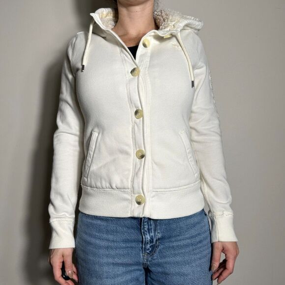 Y2K White Abercrombie Button Up Hoodie with Faux Fur - Fits Like a XS/S - Picture 1 of 8